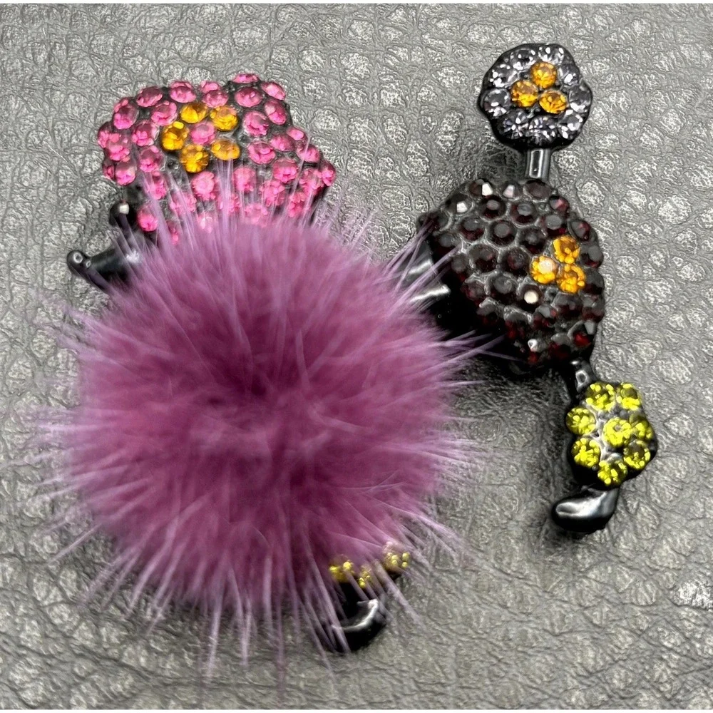 Rhinestone Poodle Dog Pom Pom Brooch Pin Pink Yellow Black Japanned Metal